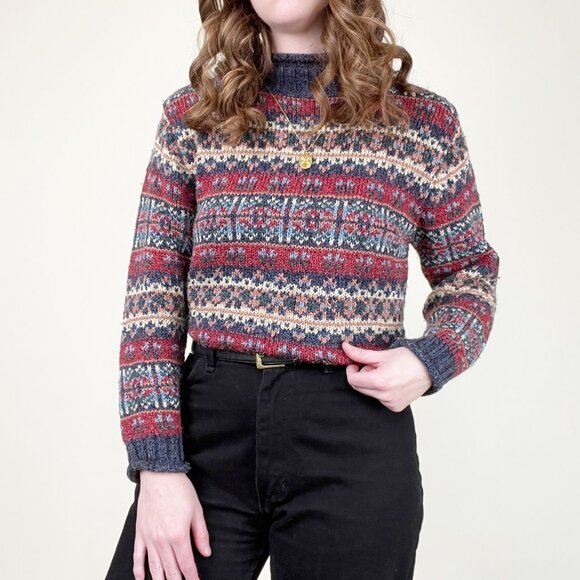 Vintage Fair Isle Wool Knit Blend Sweater Rolled Hem Scandinavian Nordic Grandpa - Picture 1 of 6